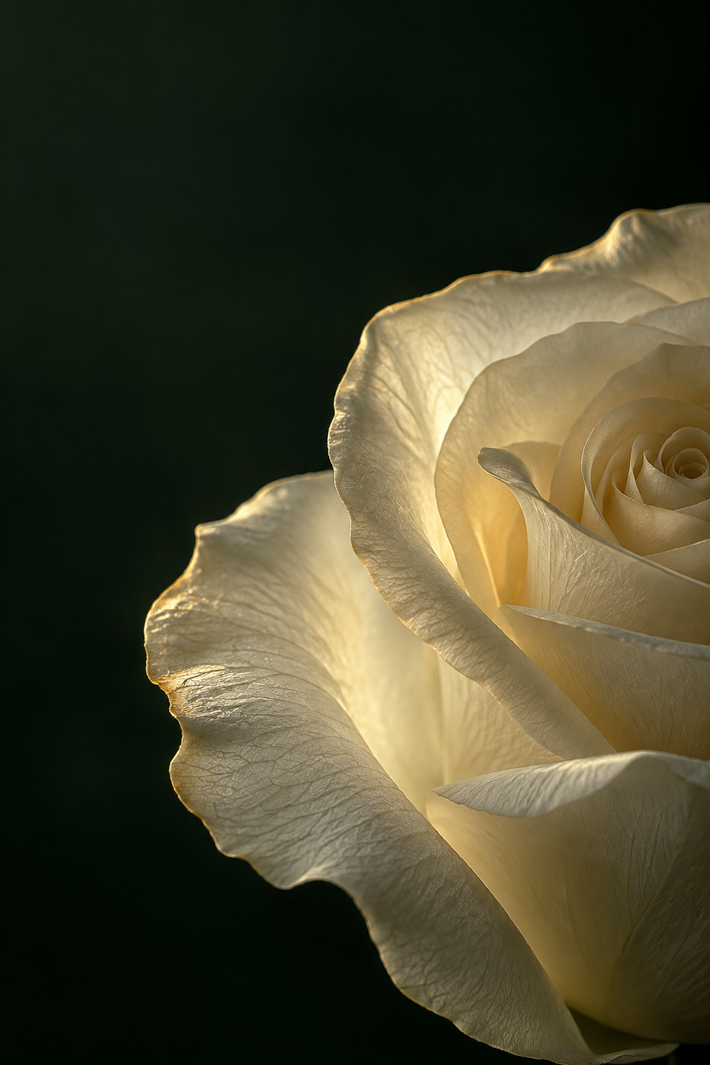 Delicate ivory rose petals illuminated by soft light
